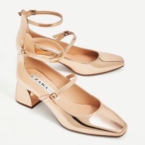 Zara Rose Gold Metallic Strappy Ballerina Mary Jane Heels